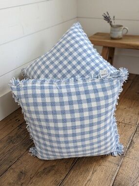 Blue Gingham Farmhouse Throw Pillows - Set of 2 with Fringe Edges